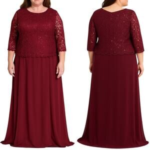 May Queen Burgundy Lace Sequin Chiffon Formal Gown Evening Wear, sz 3XL / 22-24
